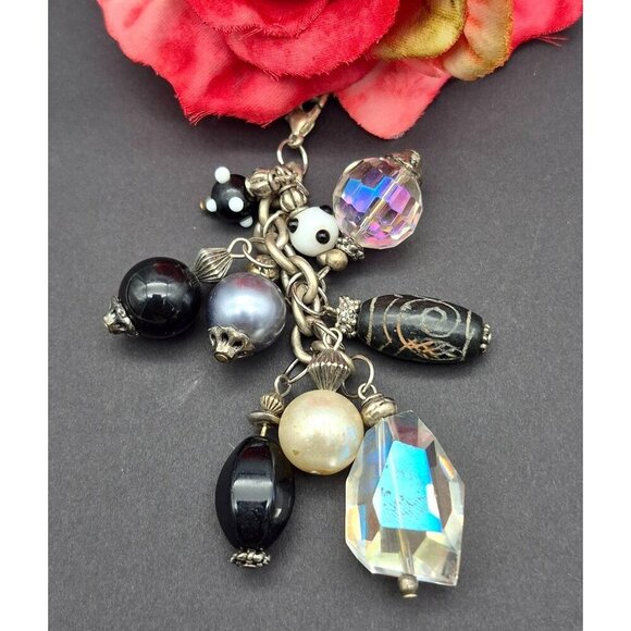 Silver Tone Toggle Necklace Textured Link Multi Beaded Pendant Dangle Tassel 20" - Picture 2 of 10